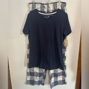 Navy Blue Flannel Plaid Cotton Women's Pajama Set